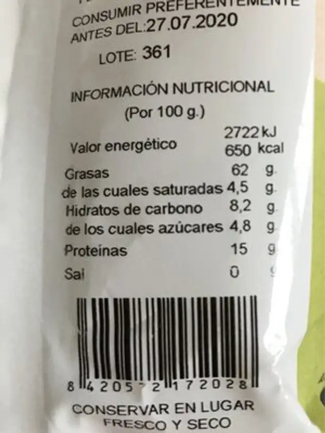 Avellanas nutrition facts table