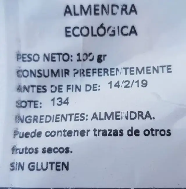 Frutos secos ecologicos ingredients label