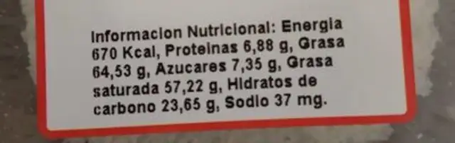 Coco rallado nutrition facts table