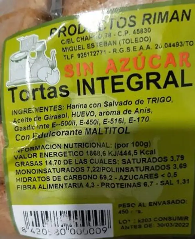 Tostas integrales nutrition facts table