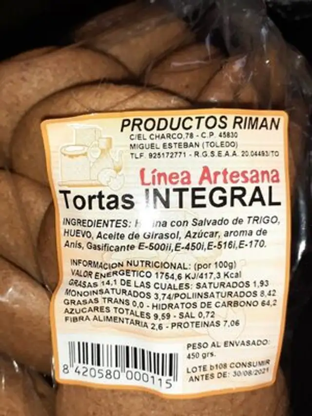 Tortas integrales nutrition facts table