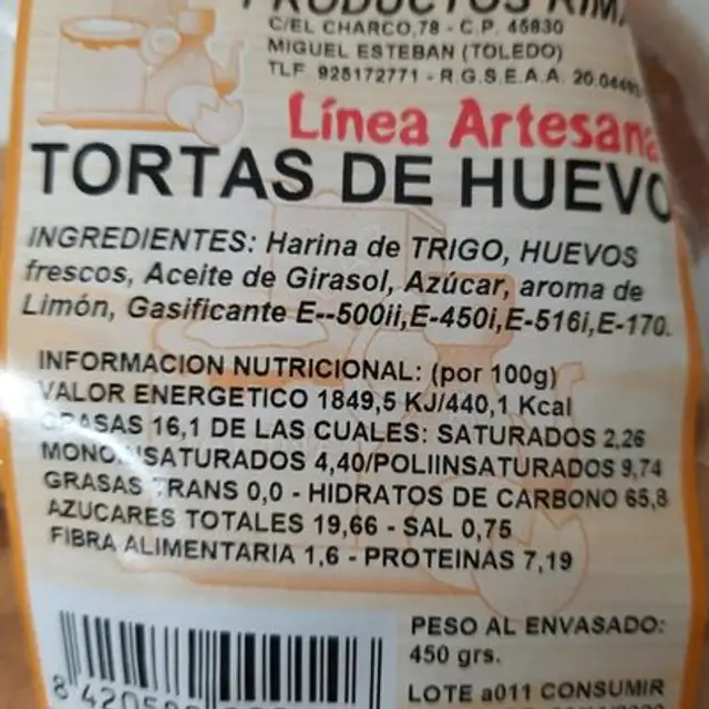 Tortas de huevo nutrition facts table