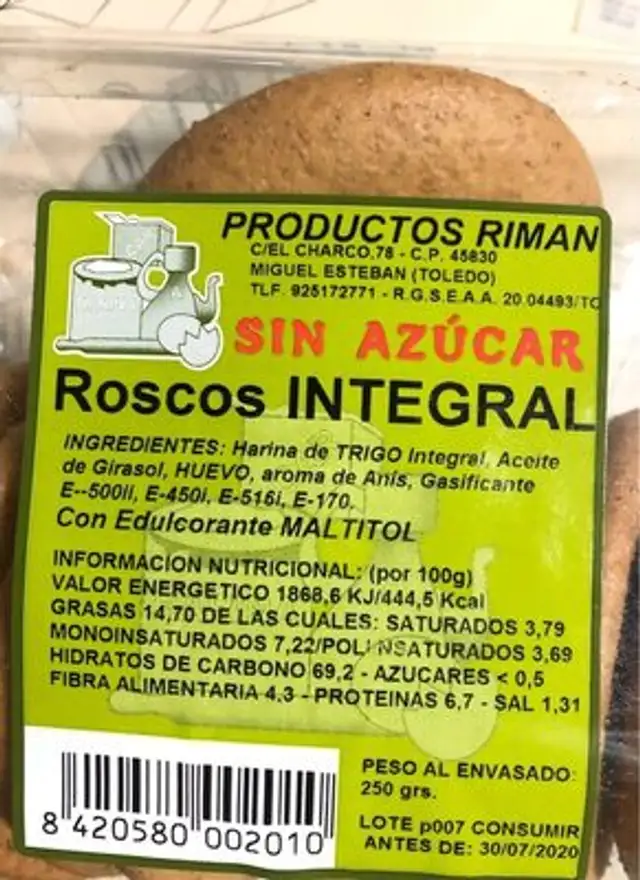 Roscos integrales nutrition facts table