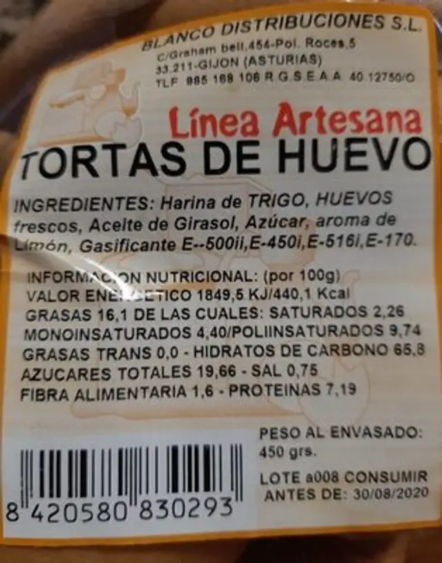 Tortas de huevo nutrition facts table