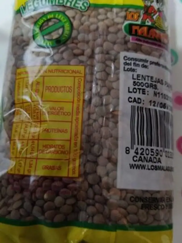 Lentejas pardinas nutrition facts table