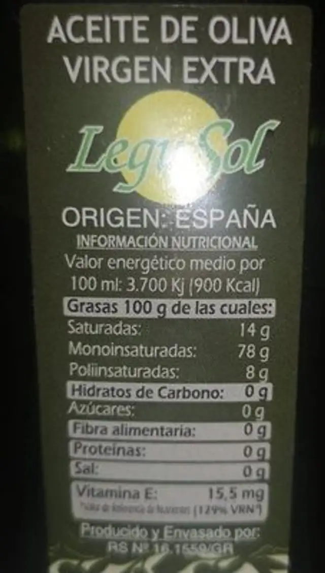 Aceite nutrition facts table