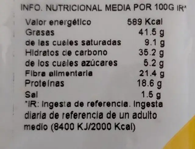 Frutos secos frutas deshidratadas nutrition facts table