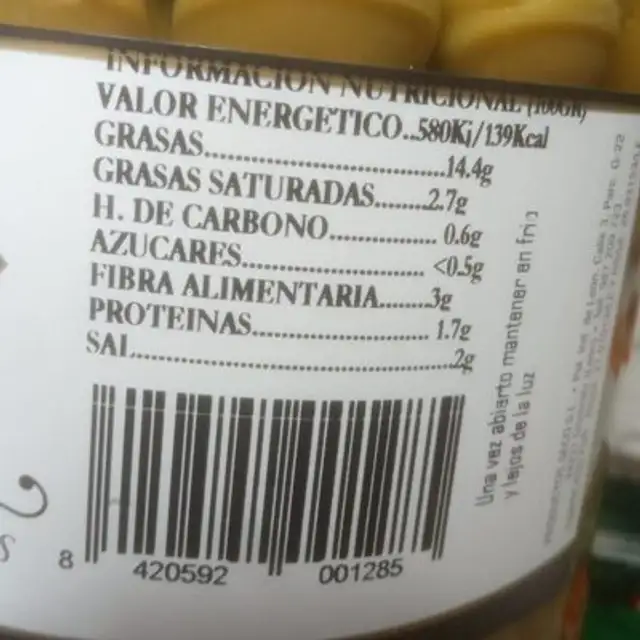 Aceitunas sabor anchoa nutrition facts table