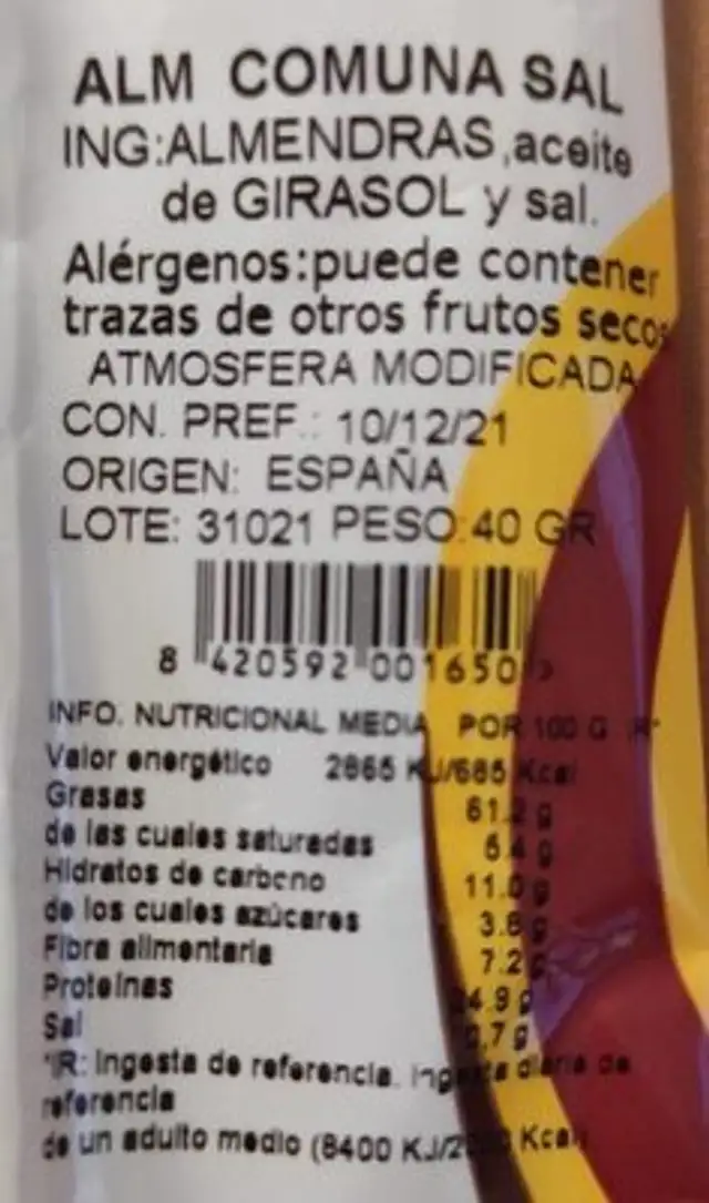 Almendras nutrition facts table