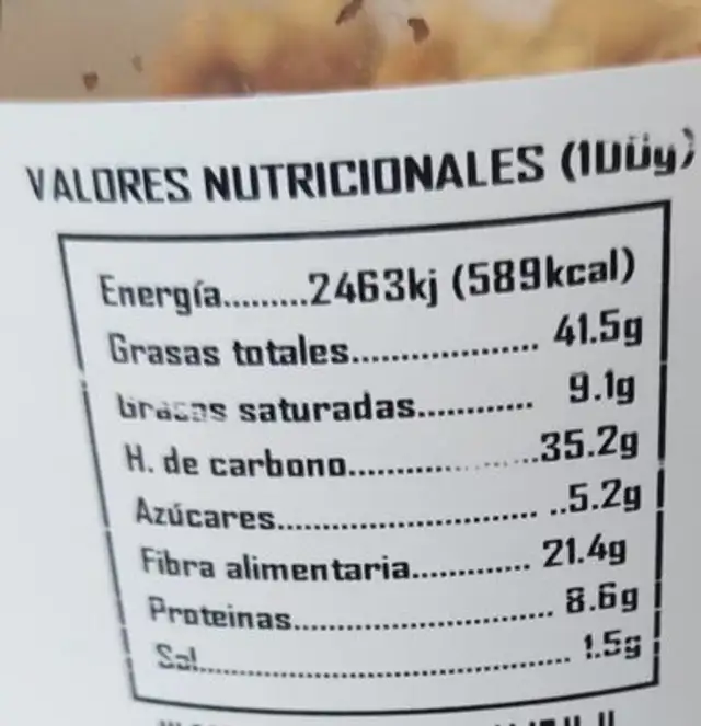 Cóctel frutos secos nutrition facts table