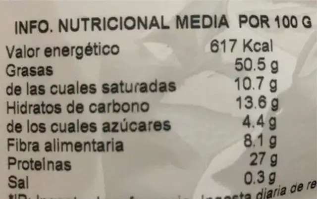 Cacahuetes nutrition facts table