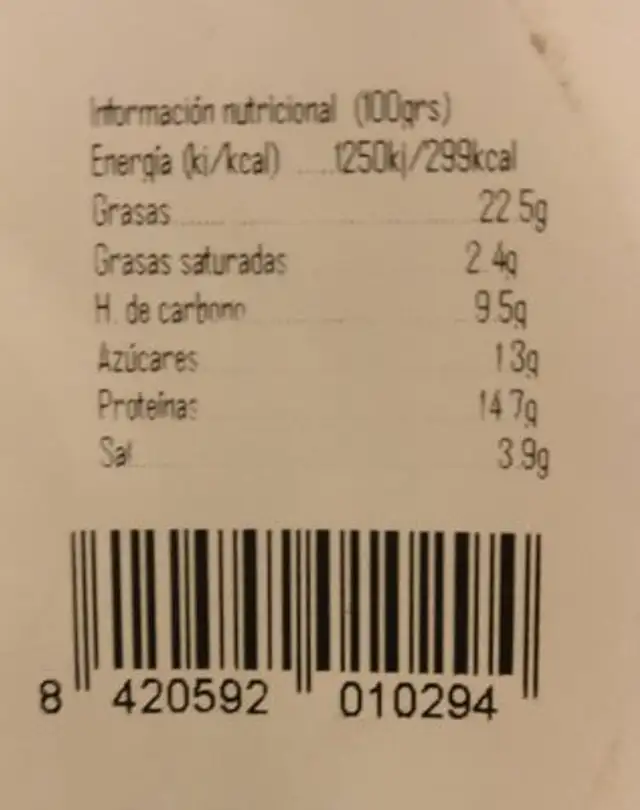 Pipa girasol ingredients label