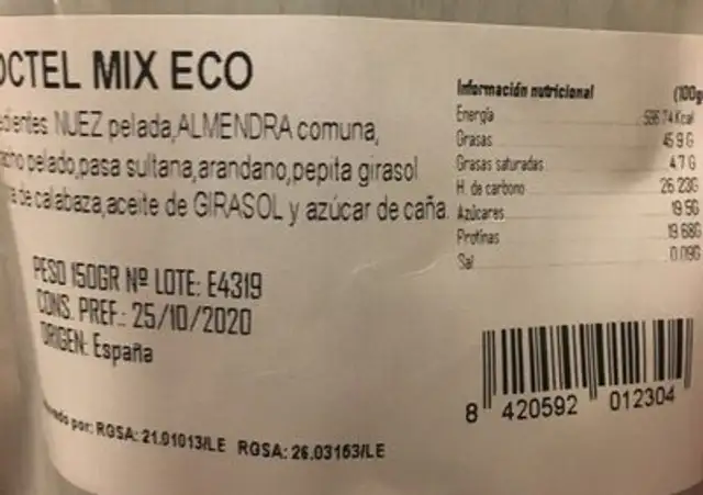 Frutos secos el Pielgo nutrition facts table