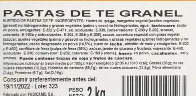 Pastas de Te nutrition facts table