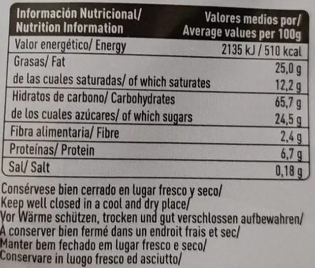 Pastas de te nutrition facts table