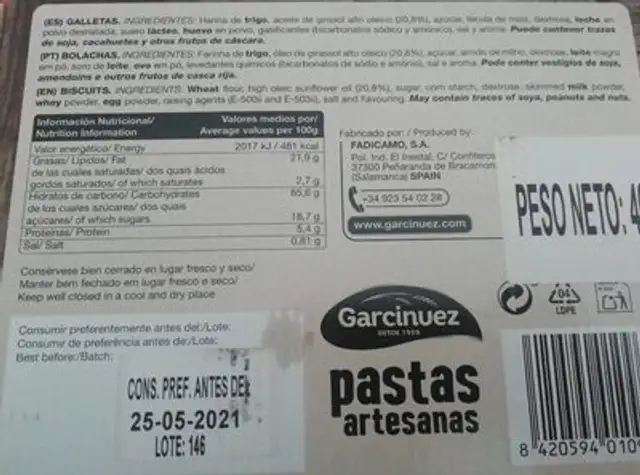 PASTAS ARTESANAS tradicionales nutrition facts table