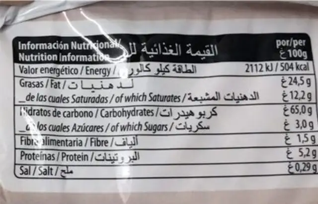 Wafers nutrition facts table