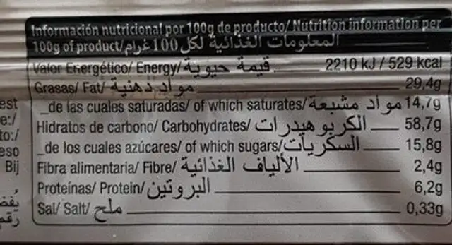 Walfer Sabir Chocolate nutrition facts table