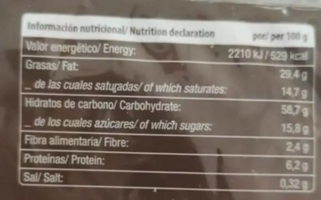 Bóer sabor choco nutrition facts table