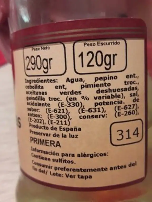 Banderillas Picantes ingredients label