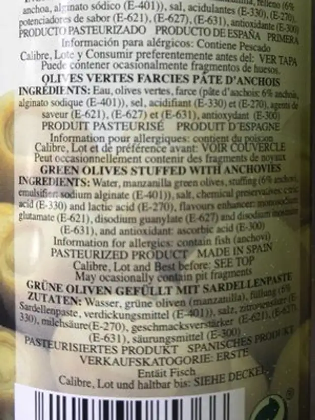 Rellenas de anchoa ingredients label