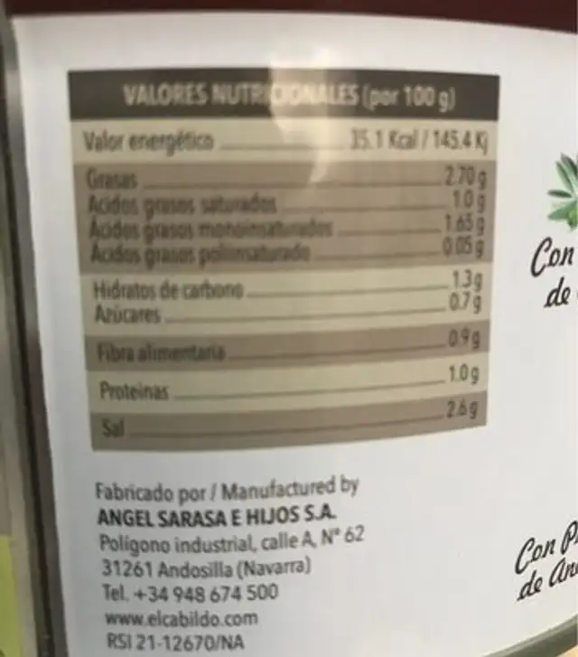 Banderillas sabor anchoa nutrition facts table