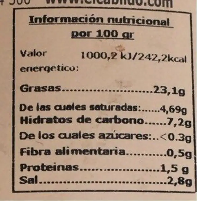 Aceitunas verdes machadas nutrition facts table