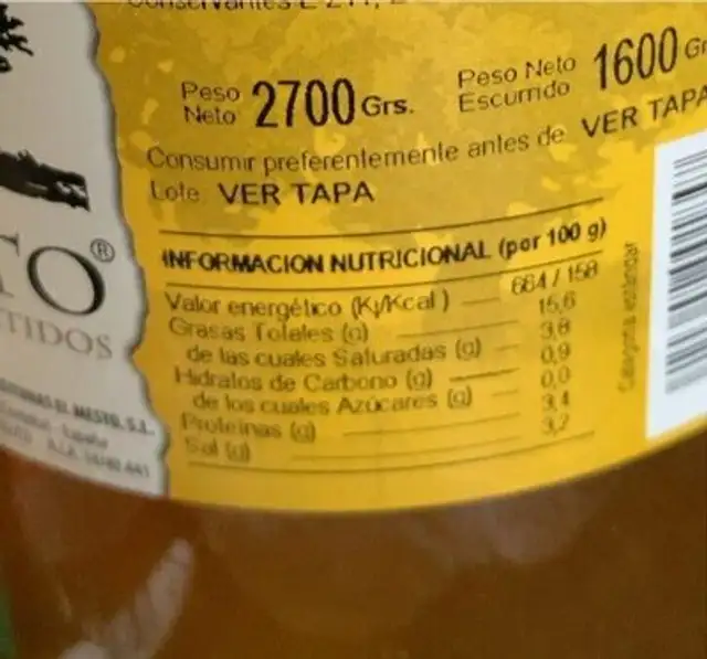 Aceitunas chupadedos nutrition facts table