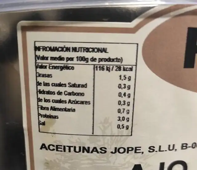 Ajo aperitivo nutrition facts table