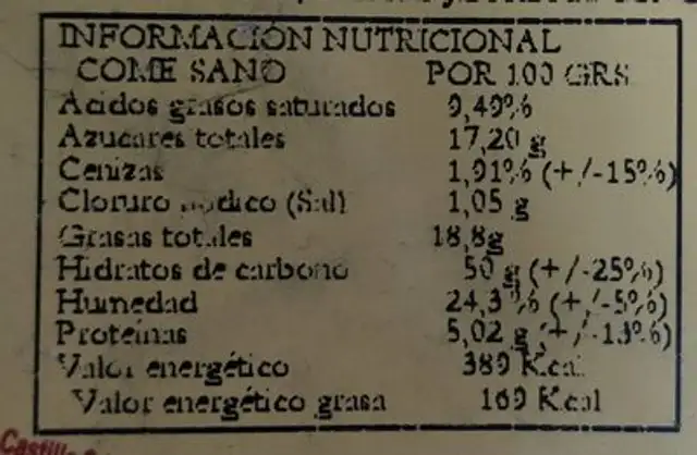 Torreón Artesano con Almendras y Pasas nutrition facts table