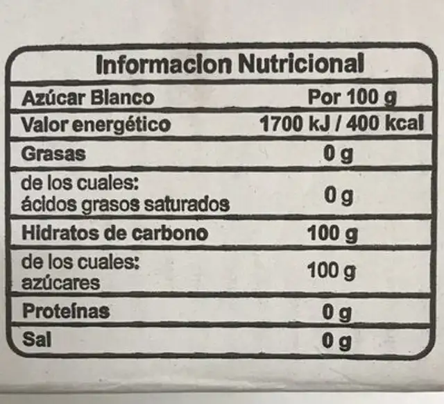 Azucar Blanco nutrition facts table