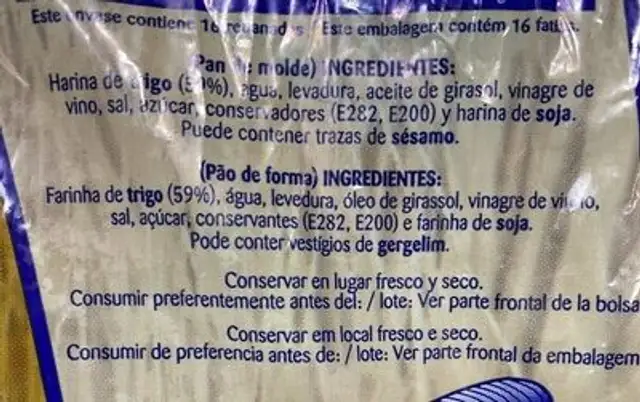 Pan de molde ingredients label