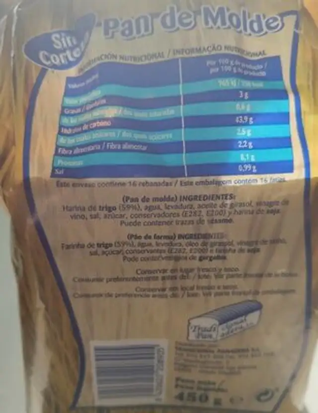 Pan de molde nutrition facts table