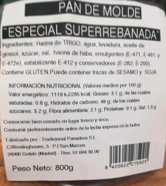Pan de molde nutrition facts table