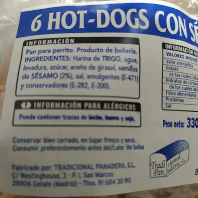 6 HOT-DOGS CON SÉSAMO ingredients label