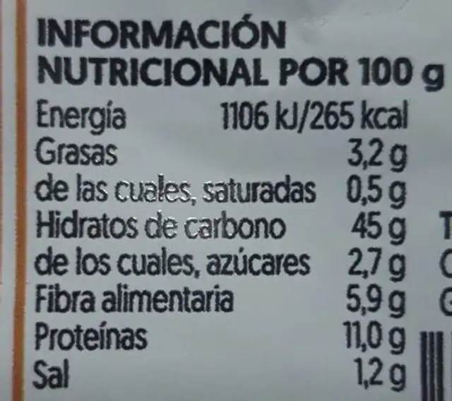 Pan rebanado 100% integral nutrition facts table