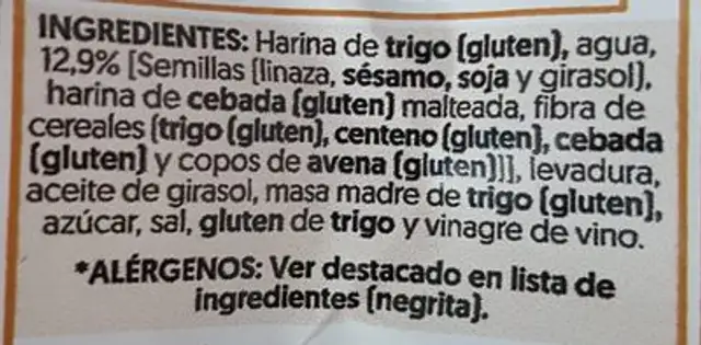 Pan Semillas y Cereales ingredients label