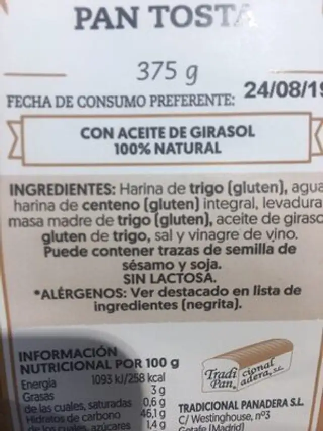 Pan tosta rebanado ingredients label