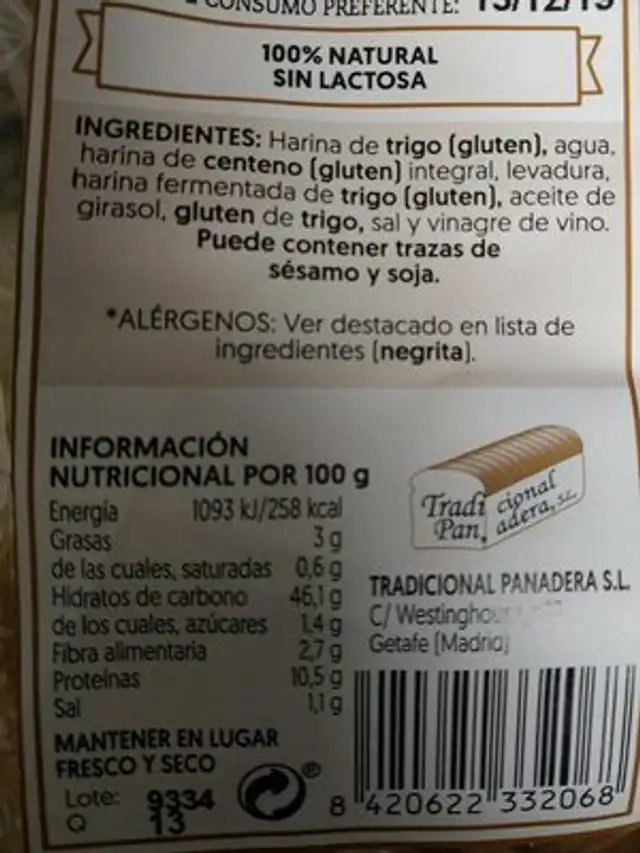 Pan tosta rebanado nutrition facts table