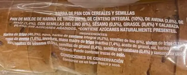 Pan de molde con quinoa ingredients label