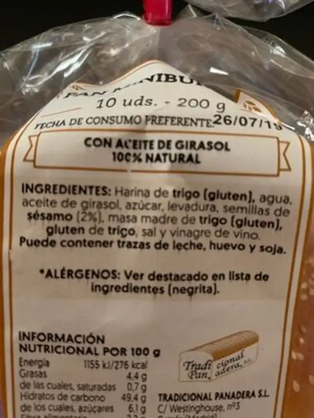 pan mini burguer ingredients label