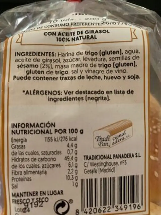 pan mini burguer nutrition facts table