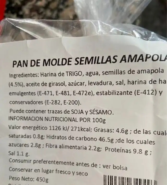 pan de molde semillas amapola nutrition facts table