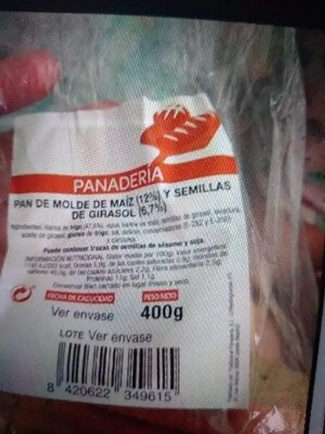 Pan de molde de maíz (12%) y semillas de girasol (6,7%) ingredients label
