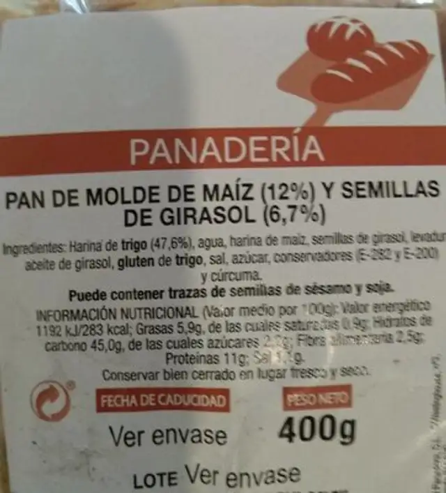 Pan de molde de maíz (12%) y semillas de girasol (6,7%) nutrition facts table