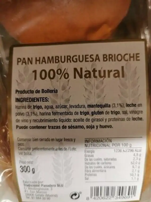 Pan hamburguesa brioche ingredients label