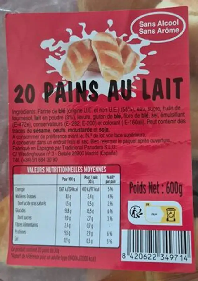 Pains au lait ingredients label