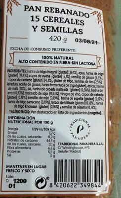 Pan rebanado 15 cereales y semillas