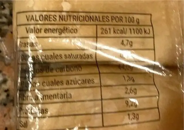 Pan de cristal nutrition facts table