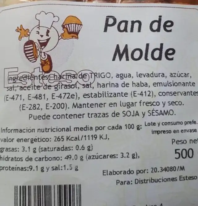 Pan molde nutrition facts table